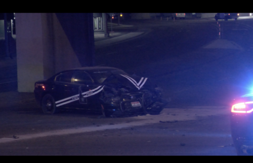 Idaho State Police Vehicle with damaged nose from impact of a crash.